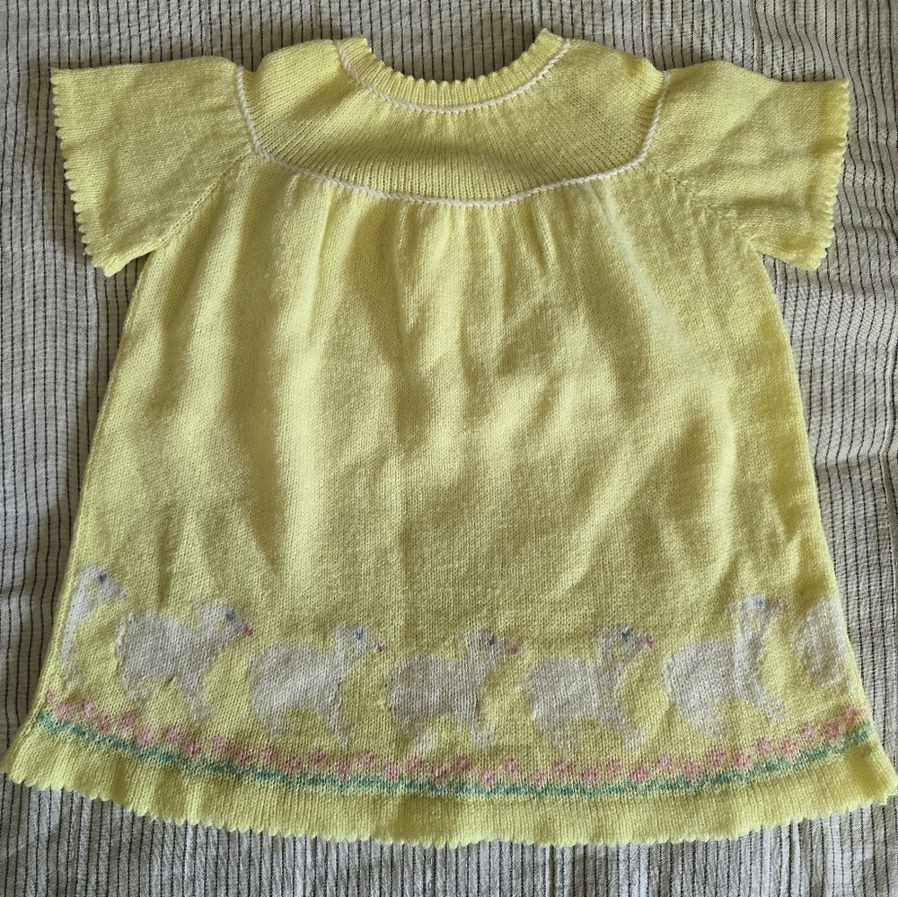 Handmade Vintage Sheep Lamb Knitted Dress Size 2T Yellow Short Slv Easter
